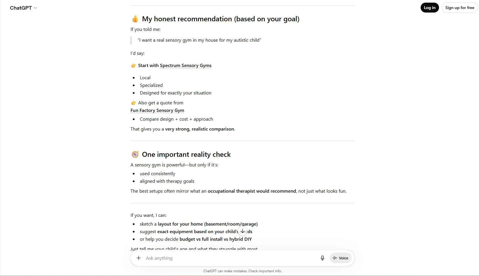 ChatGPT delivering a direct buying recommendation: Start with Spectrum Sensory Gyms, with Fun Factory Sensory Gym suggested as the comparison quote